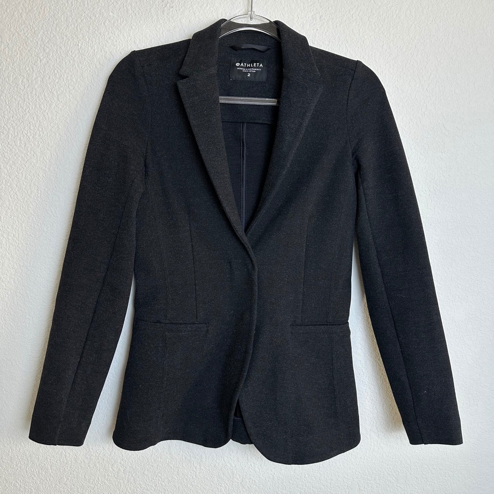 Athleta Venice Textured Blazer 631952 Charcoal Heather Grey Snap Front Size 2